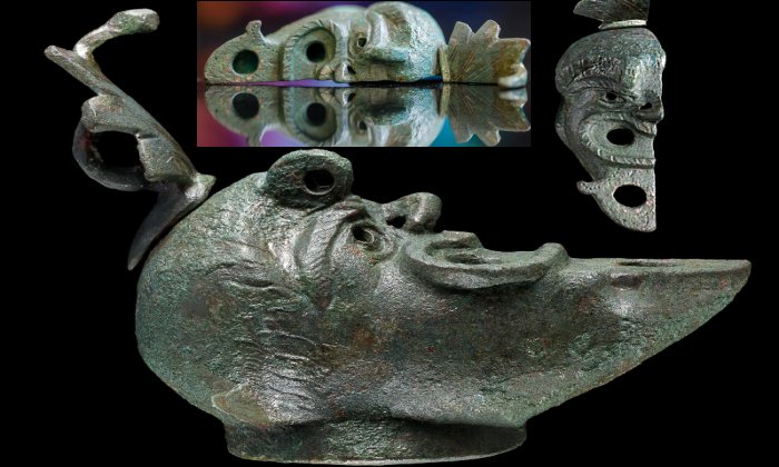 Rare bronze oil lamp with a face cut in half unearthed in Israel. Credit: Koby Harati, City of David; Eliyahu Yanai, City of David; Dafna Gazit, Israel Antiquities Authority