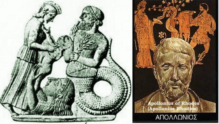 Left: The dual form of Cecrops, human above and serpent below. Right ...