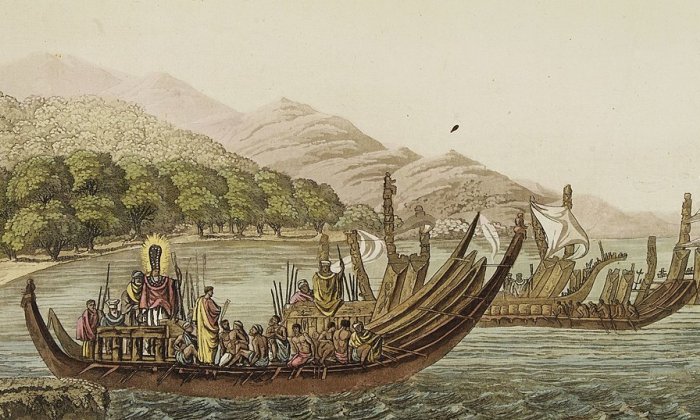 1827 depiction of Tahitian pahi double-hulled war canoes