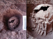 Remains of a ceremonial burial: The images show the shape of the burial pit (left) and the arrangement of the hands over the skull (right). © Danilo Bernardo