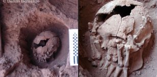 Remains of a ceremonial burial: The images show the shape of the burial pit (left) and the arrangement of the hands over the skull (right). © Danilo Bernardo