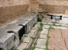 The Romans are well known for introducing sanitation technology to Europe around 2,000 years ago, including public multi-seat latrines with washing facilities, sewerage systems, piped drinking water from aqueducts, and heated public baths for washing. Photo: Fubar Obfusco via Wikimedia Commons