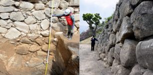 Left: A dig shows the stone wall of Okazaki Castle and a portion that was buried in Okazaki, Aichi Prefecture. (Provided by Okazaki’s education board); Right: A section of the stone wall around Okazaki Castle near the riverbed of Otogawa river (Go Kitaueda)