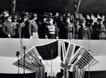 Berlin Victory Parade 1945. In the stands: US General George S. Patton, Marshal of the Soviet Union Zhukov, British Major General Brian Robertson and French General Pierre Kœnig.