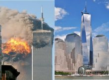 Left: The north face of Two World Trade Center (South Tower) immediately after being struck by United Airlines Flight 175 Robert - CC BY-SA 2.0; Right: Rebuilt One World Trade Center nearing completion in July 2013. Image credit: Joe Mabel - CC BY-SA 2.0