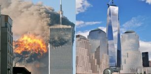 Left: The north face of Two World Trade Center (South Tower) immediately after being struck by United Airlines Flight 175 Robert - CC BY-SA 2.0; Right: Rebuilt One World Trade Center nearing completion in July 2013. Image credit: Joe Mabel - CC BY-SA 2.0