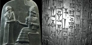 Left: Stone carving showing Hammurabi, the king of Babylon, standing before a god; Right:The Code of Hammurabi text fragment