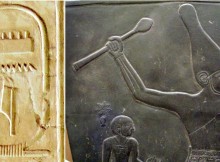 Left: Cartouche of Meni (Menes) from the Abydos King List in the temple of Seti I at Abydos. Right: Close-up view of Narmer on the Narmer Palette. Image credit: Wikipedia