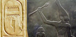 Left: Cartouche of Meni (Menes) from the Abydos King List in the temple of Seti I at Abydos. Right: Close-up view of Narmer on the Narmer Palette. Image credit: Wikipedia