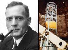 Left: Studio Portrait of Edwin Powell Hubble. Photograph (1931) by photographer Johan Hagemeyer (1884-1962)-  http://hdl.huntington.org/cdm/ref/collection/p15150coll2/id/129 - Public Domain; Right: The 100-inch (2.5 m) Hooker telescope at Mount Wilson Observatory that Hubble used to measure galaxy distances and a value for the rate of expansion of the universe. Andrew Dunn - http://www.andrewdunnphoto.com/ - CC BY-SA 2.0