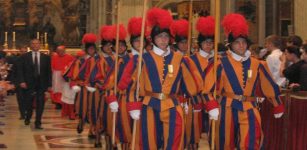 Group of Pontifical Swiss Guard inside St. Peter's Basilica.