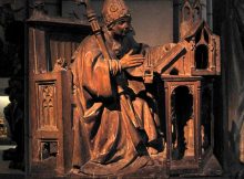 Saint Ambrose in His Study, c. 1500. Spanish, Palencia. Wood with traces of polychromy. Metropolitan Museum of Art, New York City.