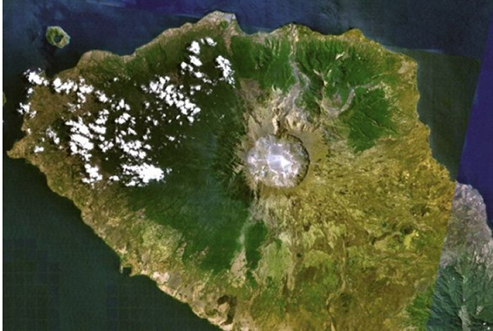 Tambora's 1815 eruption created a massive summit caldera.* Image: NASA