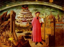 Dante shown holding a copy of the Divine Comedy, next to the entrance to Hell, the seven terraces of Mount Purgatory and the city of Florence, with the spheres of Heaven above, in Michelino's fresco. via wikipedia