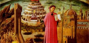 Dante shown holding a copy of the Divine Comedy, next to the entrance to Hell, the seven terraces of Mount Purgatory and the city of Florence, with the spheres of Heaven above, in Michelino's fresco. via wikipedia
