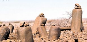 The isolated collection of upright megaliths at Namoratunga II. The stones were erected in curious pattern in about 300 BC. Credits: B.M. Lynch, L.H.Robbins, Science 200