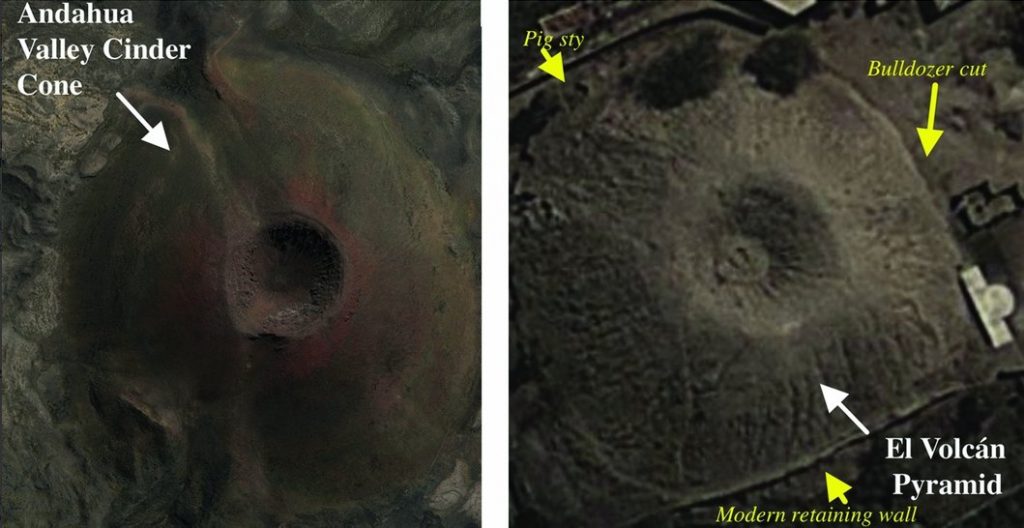 A cinder cone in the Andahua Valley, Peru (A), compared with the pyramid of El Volcán in the Nepeña Valley, Peru. Robert A. Benfer &Andrés Ocás/ Antiquity