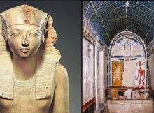 Left: Hatshepsut; Right: General view of the shrine of Anubis. Credits: Polish Archaeological and Conservation Mission of the temple of Hatshepsut at Deir El-Bahari