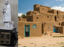 Left: Statue of Popé, or Po'Pay, now in the National Statuary Hall Collection in the US Capitol Building as one of New Mexico's two statues; Right: Taos Pueblo served as a base for Popé during the revolt. Image via wikipedia