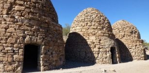 There is a three-foot by six-foot door at the front and a three-foot by five-foot opening at the upper rear of each structure.These ovens are approximately thirty feet tall and have an inner diameter of twenty five feet.