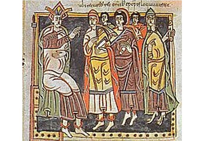 The Third Council of Toledo, 589. Codex Vigilanus, fol. 145, Library of the Monastery of El Escorial. Date cap to A.D. 976 (from fets ocorreguts to A.D. 589) Source Black and white illustrative engraving of the original in color.