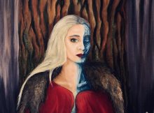 Image (painting) of Hel, daughter of Loki, from Norse Mythology, like described in Edda