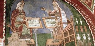 Galen and Hippocrates together even though Galen was born 500 years after the death of Hippocrates. Fresco from the twelth century, Anagni, Italy. (Photo: Nina Aldin Thune, Wikimedia Commons)