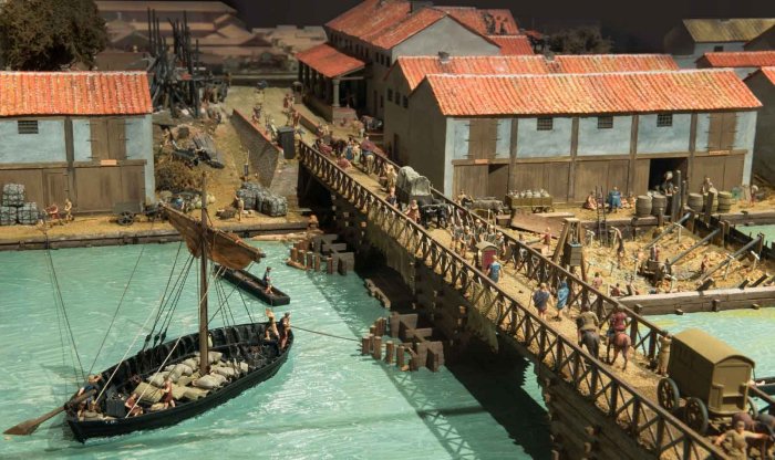 Londinium Bridge. This model shows how the Romans built the first bridge across the River Thames, where London Bridge now stands. Credits: Museum of London