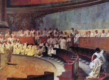 Representation of a sitting of the Roman Senate: Cicero attacks Catilina, from a 19th-century fresco