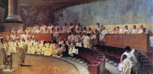 Representation of a sitting of the Roman Senate: Cicero attacks Catilina, from a 19th-century fresco