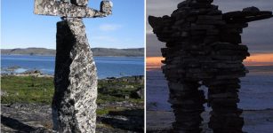 Left: The Hammer of Thor is a 3.3 me (10.8 ft) tall, t-shaped, man-made rock formation, located along the Arnaud River in the Ungava Peninsula, Quebec, Canada. Believed it was erected by Vikings in reference to the hammer-wielding Thor of Norse mythology but mostlikely is an artifact of Inuit culture, an inuksuk or stone landmark.; Right:: Inuksuk in the vicinity of Kuujjuarapik, Quebec. (wikipedia)