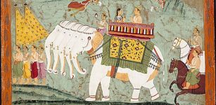 Indra (alias Sakra) and Shachi riding the five-headed Divine Elephant Airaavatha, Folio from a Jain text, Panch Kalyanaka (Five Auspicious Events in the Life of Jina Rishabhanatha), circa 1670-1680, Painting in LACMA museum, originally from Amber, Rajasthan