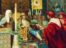 The envoys of the Roman Pope attend Alexander Nevsky. ( Sketch for the mural of the Cathedral of Christ the Savior in Moscow). Henryk Siemiradzki (1843–1902). Image via Wikipedia