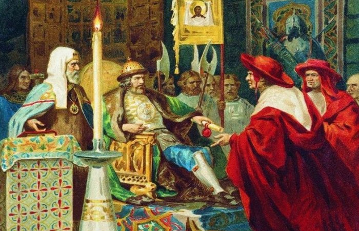 The envoys of the Roman Pope attend Alexander Nevsky. ( Sketch for the mural of the Cathedral of Christ the Savior in Moscow). Henryk Siemiradzki (1843–1902). Image via Wikipedia