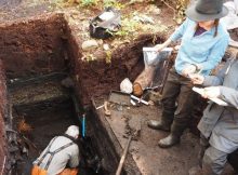 Members of the archeology team, from left to right, John Maxwell, Alisha Gauvreau, and Seonaid Duffield work on excavating the site. (Joanne McSporran )