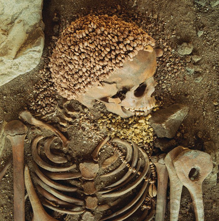 Skeleton of a man discovered at Arene Candide. The man's head head was surrounded by hundreds of perforated shells