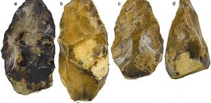 Photographs of three of the bifaces discovered during the archaeological excavation at Moulin Quignon.