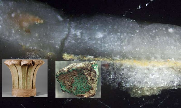 These are paint samples taken from the column capital. Under the green paint layer is a beige layer, interpreted as a ground applied to prepare the stone surface before painting. Credit: Ole Haupt/SDU