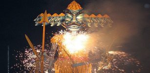 An effigy of Ravana with burning sparklers on Dusshera. Dashehra Diwali Mela in Manchester, England, 2006.