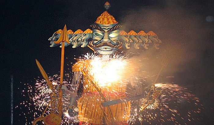 An effigy of Ravana with burning sparklers on Dusshera. Dashehra Diwali Mela in Manchester, England, 2006.