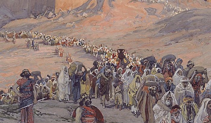 An artist's depiction of the deportation and exile of the Jews of the ancient Kingdom of Judah to Babylon and the destruction of Jerusalem and Solomon's temple.