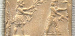 Sumerian cylinder seal impression dating to c. 3200 BC, showing an ensi and his acolyte feeding a sacred herd.