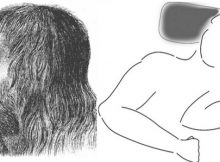 Left: Illustrated reconstruction of a Neanderthal man. Hermann Schaaffhausen, 1888.; Right: Quick sketch of the Neanderthal body position by Dr Emma Pomeroy.