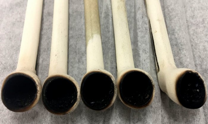 Replica pipes used to experimentally "smoke" tobacco and other native plants in WSU laboratories for the study. The charred residue is then extracted, chemically "fingerprinted", and compared to residue of ancient archaeological pipes.