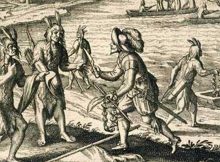 New evidence challenges longstanding narratives of early Indigenous-colonizer encounters, as depicted in this 16th-century Theodor de Bry engraving. (Source: British Library)