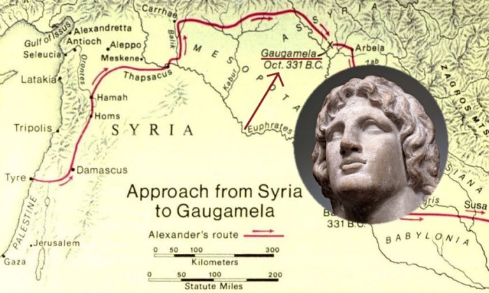 Alexander III route from Tyre to the Battle of Gaugamela site, and from there to Babylon