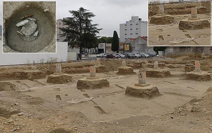 Pile foundations of the old post with traces (oblique) of Vine plantations of the Republican period. Image credit: Antoine Ratsimba/ Inrap