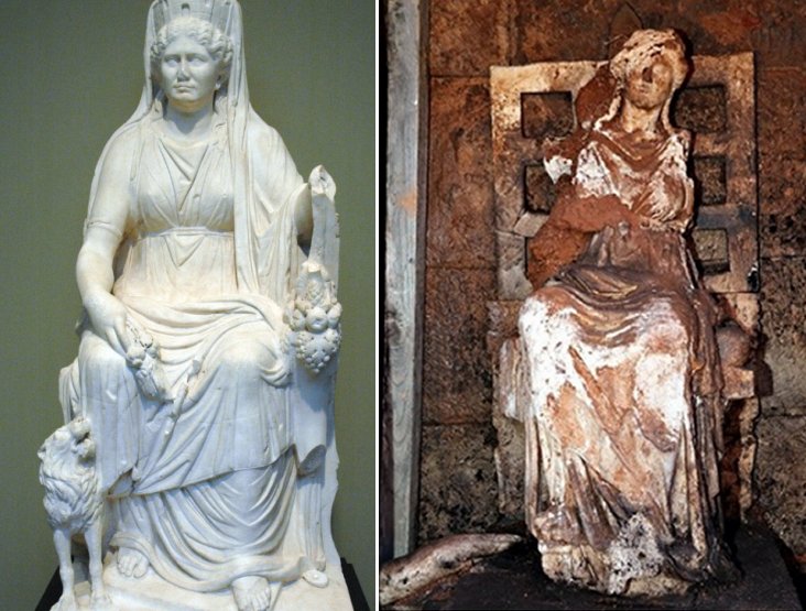 Left: Cybele - an Anatolian mother goddess, the only deity of Phrygia, a kingdom in the west central part of Anatolia, in what is now Asian Turkey; Right: About 2,100-year-old rare marble statue of Cybele, the mother goddess of Anatolia, - unearthed in excavations in northern Ordu province located on the Black Sea coast.