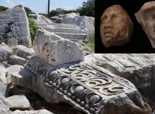 A stone part of the relief arch of the temple founded at the excavation site, Balıkesir province, western Turkey, Sept. 2, 2020. (AA PHOTO)