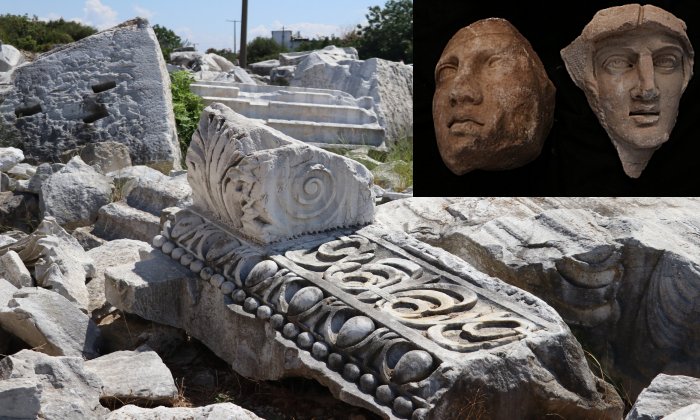 A stone part of the relief arch of the temple founded at the excavation site, Balıkesir province, western Turkey, Sept. 2, 2020. (AA PHOTO)